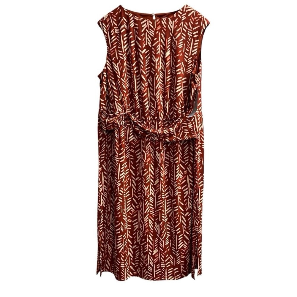 London Times Dress Dark Rust Feather Print Jersey Knit Midi Size 18W Office